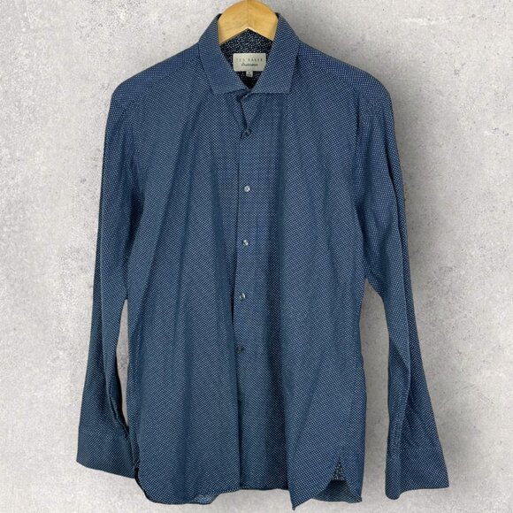 Ted Baker Endurance Tamson Button Front Collared Shirt Blue Print Mens Size 16 - Picture 11 of 12